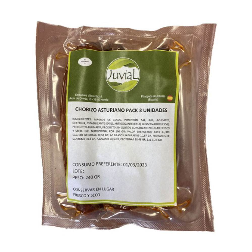 Chorizo Asturiano Paquete de 3 Unidades / 240g - Juvial - Imagen 1