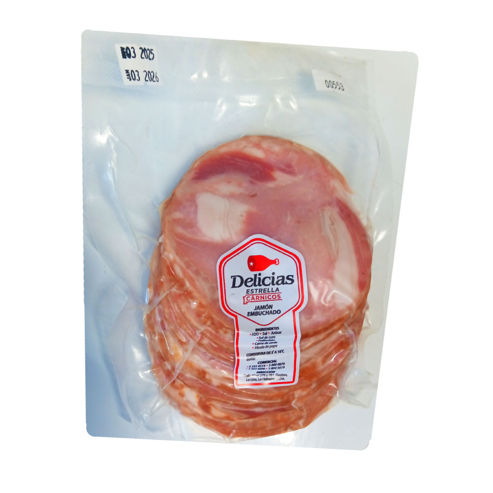 AFV04488 Jamón Embuchado Lonchado Ahumado 250g Aprox. - Delicias Estrella - Imagen 1
