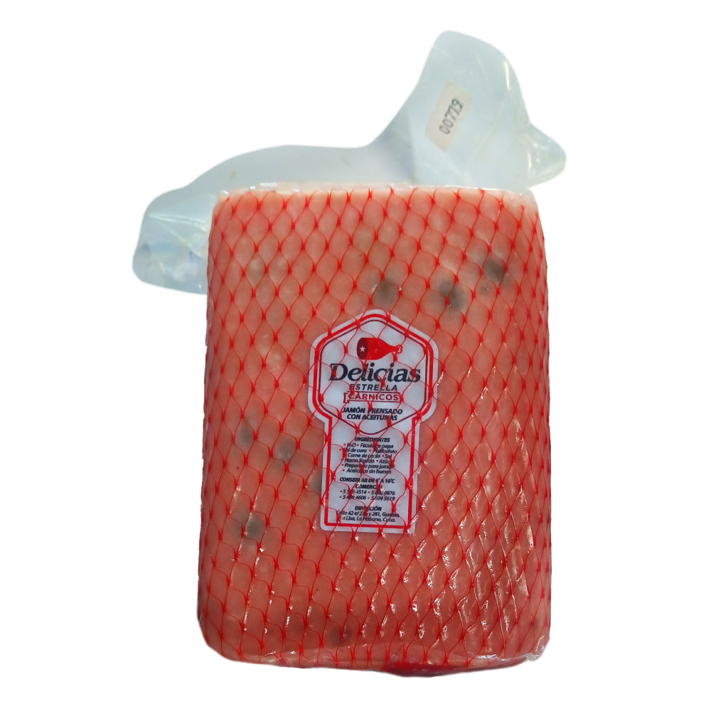 AFV04677 Jamón Prensado con Aceitunas Malla Roja - 3Lb - Delicias Estrella - Imagen 1